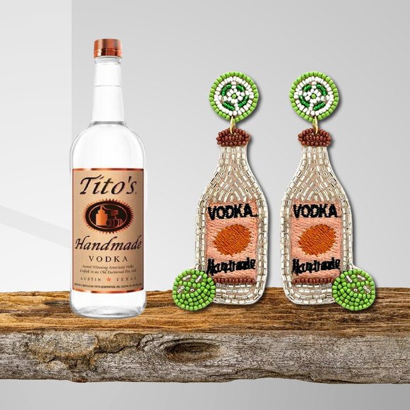 Tito's Handmade Vodka Bottle with Lime Beaded Statement Bartender Party Earrings - Picture 1 of 3
